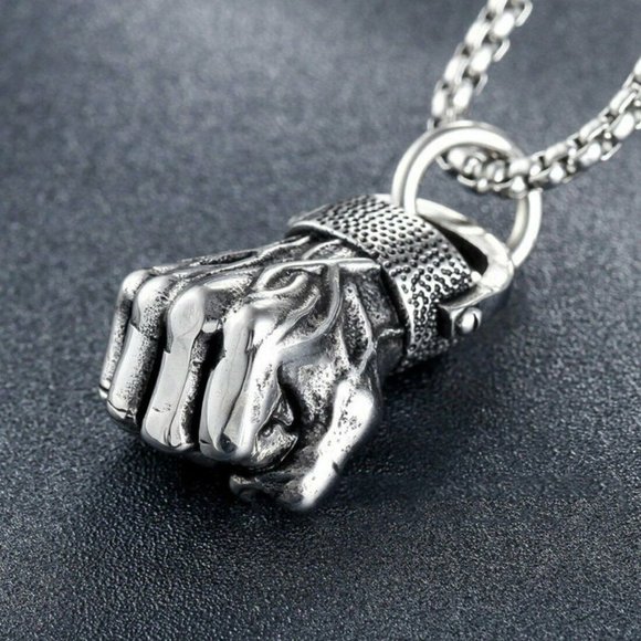 New Silver Mens Boxing Fist Pendant Necklace - Picture 3 of 5
